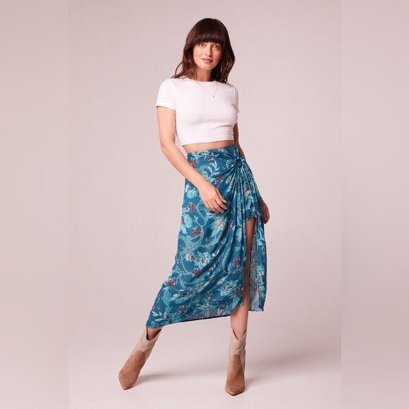 Band Of the Free CELENE TEAL FLORAL LAYERED MIDI SKIRT NWT - Picture 4 of 4